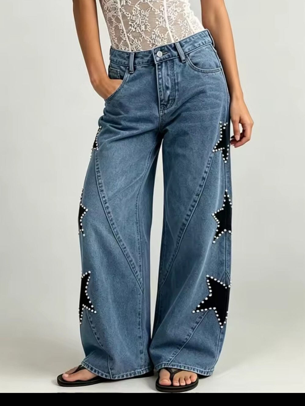 Women Rhinestone Star Patch Jeans Wide Leg Baggy Denim Pants Aesthetic Grunge - Picture 3 of 7